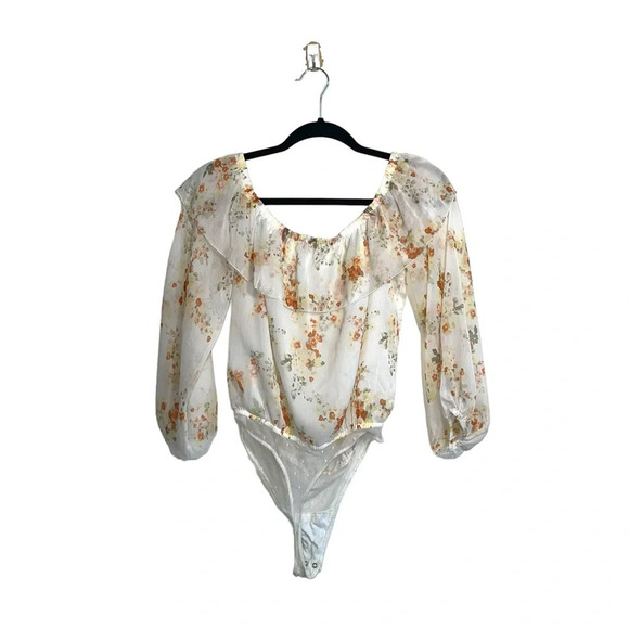 Abercrombie & Fitch White Floral Chiffon Off the Shoulder Bodysuit Medium Women - Picture 6 of 12